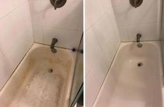 two pictures of the same bathtub in different stages of being cleaned and stained white