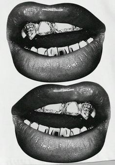 black and white photograph of two mouths with teeth