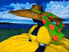 a painting of a woman wearing a large hat and yellow dress with polka dots on it