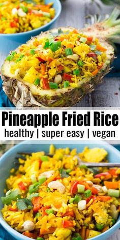 pineapple fried rice with vegetables in a blue bowl