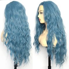 Length : 22 Inches Color : Same With The Picture Color May Differ Due Lighting Effect Medium Cap:Circumference 22-22.5 Inch Long Curly Wavy Wig Half Hand Tied Synthetic Hair Wigs 22 Inch Lace Front Wigs Synthetic Hair Wig Half Hand Tied 2 Adjustable Straps And 3 Combs Can Be Heated Within Up To 160c Loose Wave Blue Hairstyle Blue Lace Front Wigs Cute Wig Colors, Blue Lace Front Wigs, Hairstyle Blue, Blue Lace Front Wig, Blue Wigs, Light Blue Hair, Wigs Synthetic, Feminine Health, Blue Wig