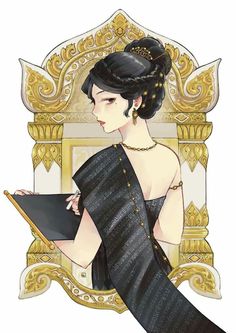 an illustration of a woman in a black and gold dress holding a clipboard with her right hand