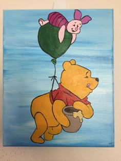 a painting of winnie the pooh holding a balloon