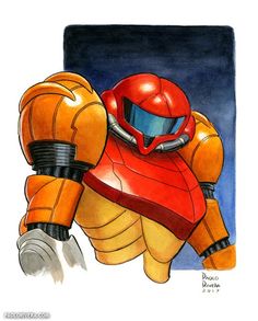 a drawing of a red and yellow robot with his arm extended, sitting on the ground