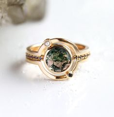 Aspen Oval Moss Agate Ring – Capucinne Jewelry Saturn Ring, Planet Ring, Unique Engagement Ring Settings, Moss Agate Engagement Ring, Ring Rosegold, Agate Engagement Ring, Moss Agate Ring, Rutile Quartz, Diamond Ring Settings