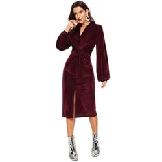 Burgundy Long Sleeve Velvet V-Neck Dress - Uniqistic.com Velvet Sheath Dress, Velvet Party Dress, Rib Dress, Twisted Dress, Blouson Sleeve, Fall Winter Dresses, Ribbed Dresses, Twist Front, Winter Dresses