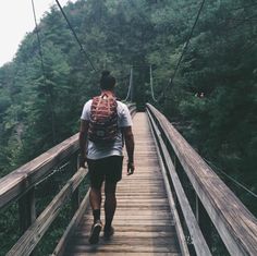 a man walking across a wooden bridge over a forest filled with trees on top of a hill