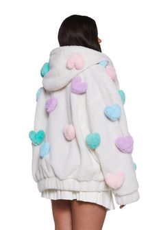 This fully lined jacket has a faux fur sherpa construction with plush 3D colorful hearts all over, an attached hood, elastic cuffs, and a front zipper closure. 3d Hearts, Fluffy Jacket, Colorful Hearts, Sugar Thrillz, Sherpa Jacket, Fairy Dress, Colorful Heart, Kawaii Fashion, Dolls Kill