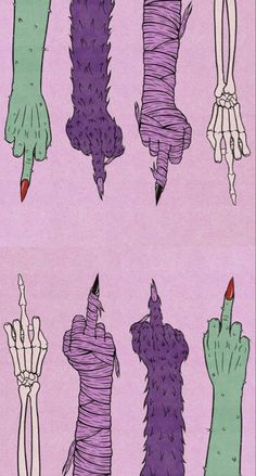 four different colored drawings of hands holding something in each other's arms and fingers