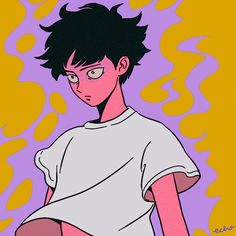 an anime character with black hair wearing a white t - shirt and glasses, sitting in front of a purple background