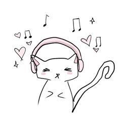 a cartoon cat with headphones and music notes above it's ears, listening to music