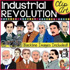 the industrial revolution clip art book with pictures of men in hats and mustaches on them