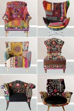 several different types of chairs and couches with designs on them, including one that has a green circle in the middle