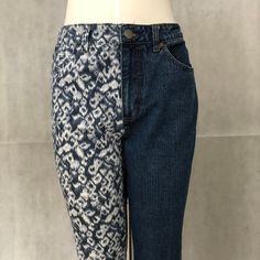 "Deconstructed Hybrid \"Parti Colored\" Jeans - Half Denim Leopard Print & Half Denim Blue Half and Half Mashup \"Chicos\" Brand - Women's Size 1 Leopard Print Denim \"Lands End\" Brand - Women's Size 12 Blue Denim 98% Cotton, 2% Spandex Unisex 32\" Waist, 31\" Inseam Medieval Style Parti Colored Pants Amazing Leopard Print Denim Quality Brands Comfortable & Flattering" Indigo Patchwork Denim Jeans, Reworked Blue Jeans In Recycled Denim, Blue Reworked Recycled Denim Jeans, Reworked Blue Cotton Jeans, Blue Reworked Cotton Jeans, Fitted Recycled Denim Jeans In Indigo, Fitted Recycled Indigo Jeans, Reworked Dark Wash Cotton Jeans, Fitted Indigo Recycled Jeans