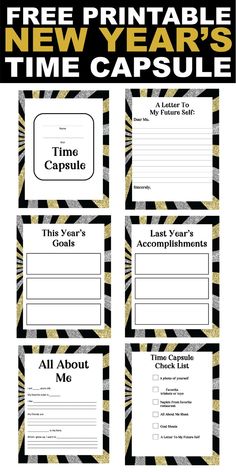 the new year's time capsule is shown in black and white with gold accents