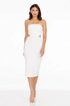 Ari Dress – Dress the Population Glamorous Bandeau Formal Dress, Chic White Dress With Cut-out Waist, Chic Midi Dress With Cutout, Strapless Cutout Dress For Night Out, Elegant Knee-length Cutout Bodycon Dress, Sleeveless Cutout Dress For Formal Occasions, Chic Dress With Cut-out Waist For Date Night, Formal Sleeveless Dress With Cutout, Elegant Fitted Midi Dress With Cut-out Waist