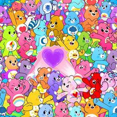 a large group of colorful teddy bears with hearts on their chests and arms, all in different colors