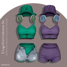 three pieces of clothing that include bras, shorts and hats