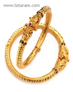 235-GK134 - 22K Gold Kada with Ruby - 1 Pair Gold Kada, 22k Gold Bangles, Indian Gold Jewelry, Gold Bangles For Women, Beaded Necklace Designs, Bridal Accessories Jewelry, Gold Jewelry Stores, Bangles Design, Gold Pendant Jewelry