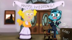 an animated image of a bride and groom in front of a sign that says happy wedding