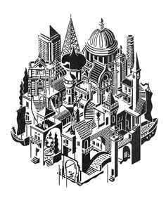 a black and white drawing of a city with lots of buildings on top of it