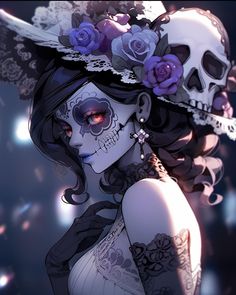 a woman with sugar skull makeup and flowers in her hair, wearing a large hat