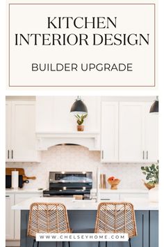 the kitchen interior design guide is shown with two chairs