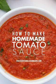 how to make homemade tomato sauce in a white bowl with basil leaves on the side