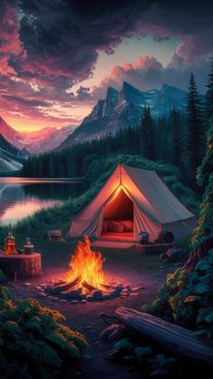 a painting of a campfire with a tent in the background