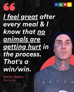 Do you feel guilty when eating animal products? Let's discuss. Travis Barker, the famed drummer for Blink-182 has been a notable figure in the vegan community for many years. Barker transitioned to a vegetarian lifestyle at a young age, and later on adopted a fully vegan diet. Famous Vegans, Vegetarian Lifestyle, Vegan Humor, Vegan Inspiration, Travis Barker, Animal Products, Blink 182, Vegan Diet