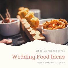 wedding food ideas for the bride and groom on a wooden tray with bowls of dipping sauces