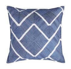 a blue and white pillow with diamond pattern on the front, it is made out of linen