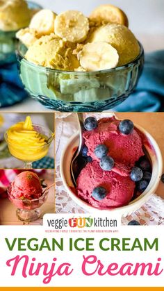 vegan ice cream recipe with blueberries, bananas and other desserts in bowls