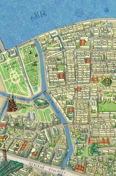 an illustrated map of the city of liverpool, england with lots of buildings and streets