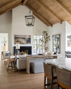 a living room filled with furniture and a fire place in the middle of a room