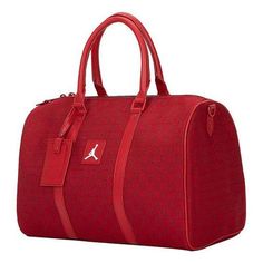 Air Jordan Monogram Duffle Bag 'Red' FJ6787-687 Luxury Gym Bag With Large Capacity, Luxury Red Travel Bag For Everyday Use, Red Coated Canvas Satchel Bag, Modern Red Bag For Travel, Red Coated Canvas Shoulder Bag, Red Coated Canvas Bags With Leather Handles, Functional Red Leather Bag, Red Large Capacity Satchel Duffle Bag, Red Coated Canvas Bag With Leather Handles