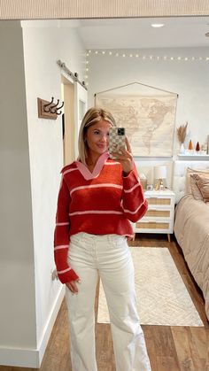 Red Plaid Pullover Sweater Boutique, Affordable Red Spring Sweater, Red Trendy Sweater For Loungewear, Trendy Red Sweater For Loungewear, Winter Striped Collared Sweater, Red Striped Sweater Outfit, Red Sweatshirt Outfit, Red Sweater Outfit, Red Striped Sweater