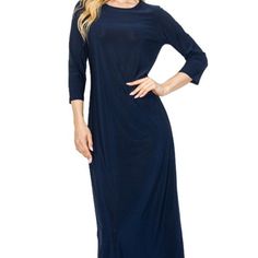 Liza's Long Modest Maxi Layering Dress Navy Blue Misses & Plus Sizes This dress is is made to have a vest, top, or jacket be worn over it.  Fabric is not thick and it can be dressed up or dressed down for everyday wear! Black available as well! High modest neckline! Don't miss out on this nice quality long layering maxi dress! 52" to 53" in length! 3/4 Sleeves & has No pockets Small Bust: 34"-35" Medium: 36"-37" Large: 38"-39" XL/1X: 40"-42" 2X" 44" 3X: 46" 95% Polyester & 5% Spandex Modest Neckline, Modest Maxi, Dress Navy Blue, Layer Dress, Long Layers, Navy Blue Dresses, Vest Top, Small Bust, Dressed Down