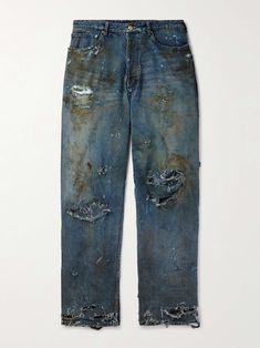 BALENCIAGA Super Destroyed Wide-Leg Jeans for Men 90s Fashion Men Hip Hop, 2000s Jeans, Balenciaga Clothing, Denim Pants Fashion, 90s Fashion Men, Brown Jeans, Mens Outfit Inspiration, Japanese Denim, Jeans For Men