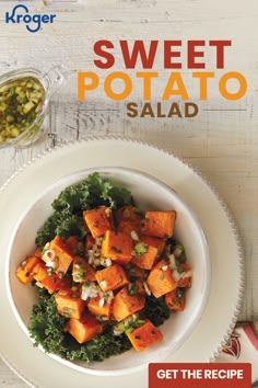 sweet potato salad served in a white bowl on top of a wooden table with the title, get the recipe