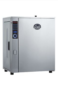 a large stainless steel cabinet with electronic controls on the front and side door open to show the