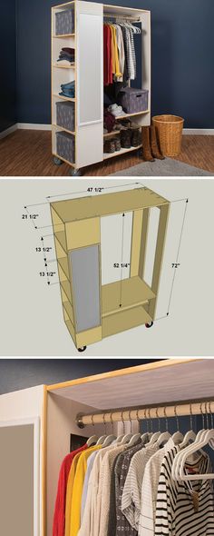 an open closet with clothes hanging on the shelves and two pictures showing how to organize it