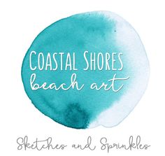 the words coastal shores beach art written in white ink on a blue watercolor background