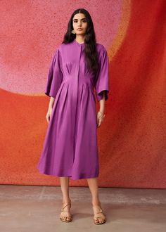 Wide-Sleeve Midi Dress - Purple - & Other Stories WW Spring Viscose Dress With Pleated Sleeves, Pleated Knee-length Viscose Dress, Knee-length Pleated Viscose Dress, Fitted Workwear Dress With Set-in Sleeves, Formal Long Sleeve Rayon Dress, Fitted Viscose Midi Shirt Dress, Fitted Viscose Dress For Work, Fitted Viscose Silk Dress For Workwear, A-line Viscose Dress For Work