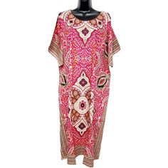 Patterned Long Dresses For Vacation, Casual Red Printed Kaftan, Long Pink Printed Kaftan, Casual Pink Printed Kaftan, Pink Casual Kaftan For Beach Season, Pink Printed Short Sleeve Kaftan, Pink Short Sleeve Kaftan, Casual Pink Kaftan For Beach Season, Casual Pink Dress With Kimono Sleeves