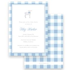 a blue and white gingham baby shower card