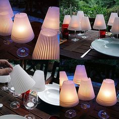 several different shots of wine glasses and paper lamps on a table with plates, utensils and drinks