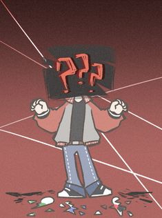 a cartoon character with a television on his head