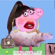 a woman in high heel boots is holding a cell phone and looking at a fake pig