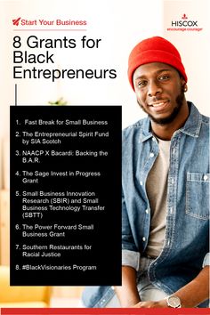 a man wearing a red beanie sitting in front of a poster for his business